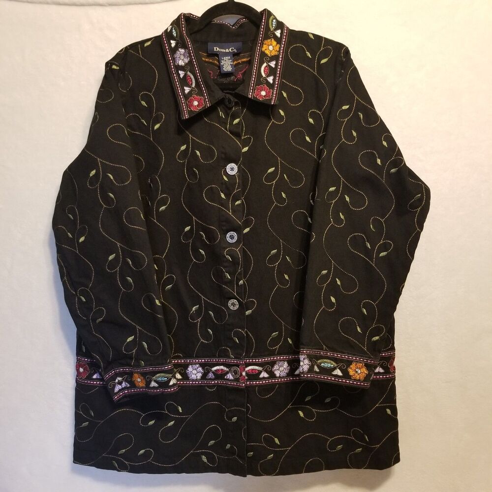 Denim & Co L Jacket Floral Front Button Floral Embroidered Boho Cottage Festival